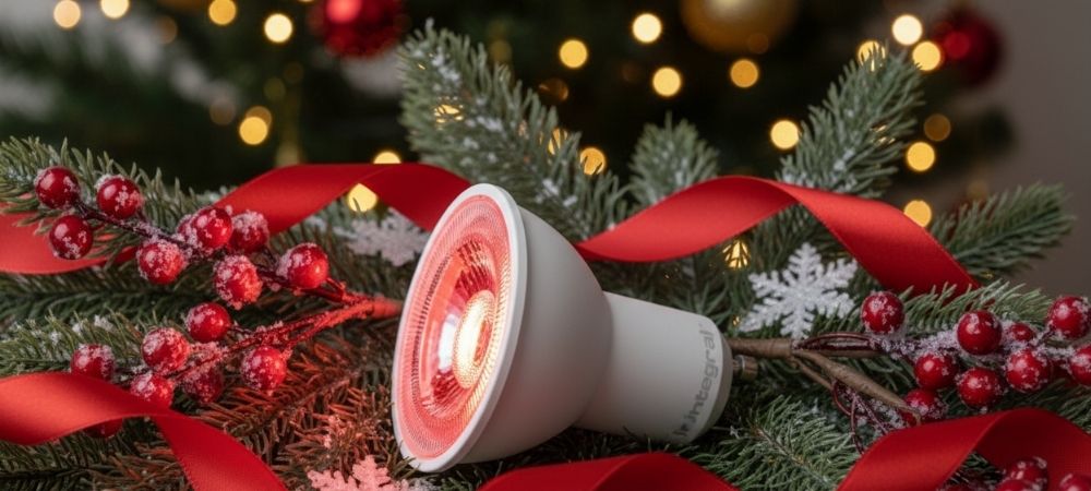 Een rode GU10 lichtbron, liggend op een kerstversiering.