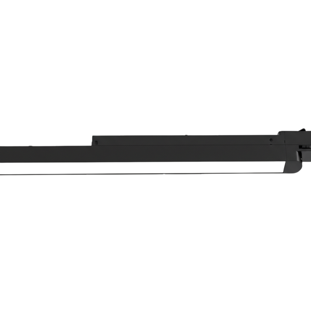 Zwarte lineaire LED-balk voor 3-fase rails met eindkap en montagevoet