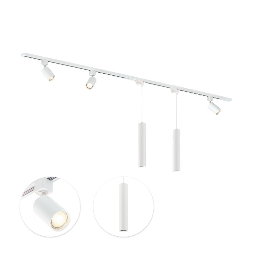 Witte railverlichting met 3 spots en 2 hanglampen, GU10 fittingen, langwerpige balk.