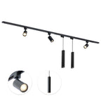 Zwarte railverlichting met 3 LED-spots en 2 hanglampcilinders aan plafondrail