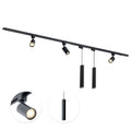 Zwarte 3-spot railverlichting met twee hangcilinders en GU10 spots, inklapbare kapjes.