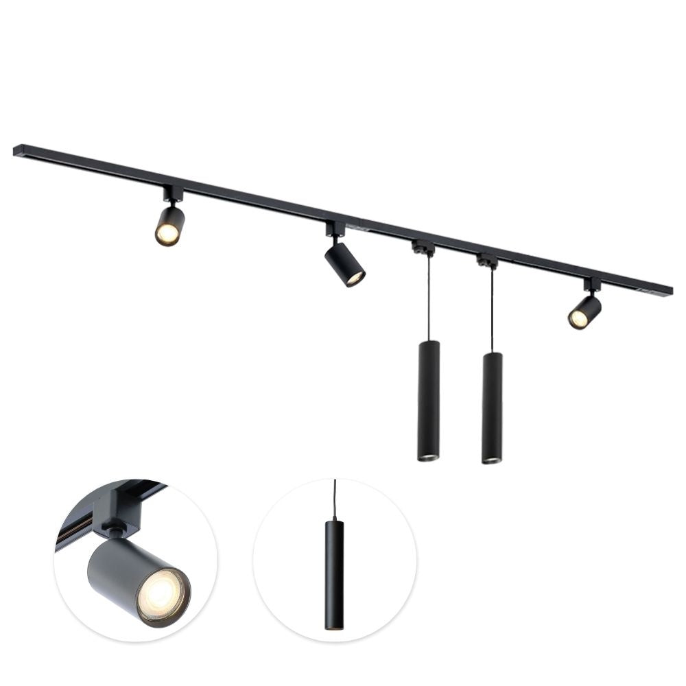 Zwarte 3-spot railverlichting met twee hangcilinders en GU10 spots, inklapbare kapjes.