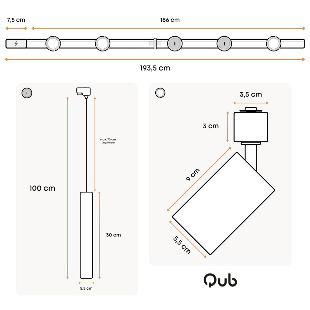 Afmetingen van witte railverlichting met 3 spots en 2 hangpendels, technische schets.