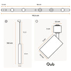 Afmetingen van witte railverlichting met 3 spots en 2 hangpendels, technische schets.