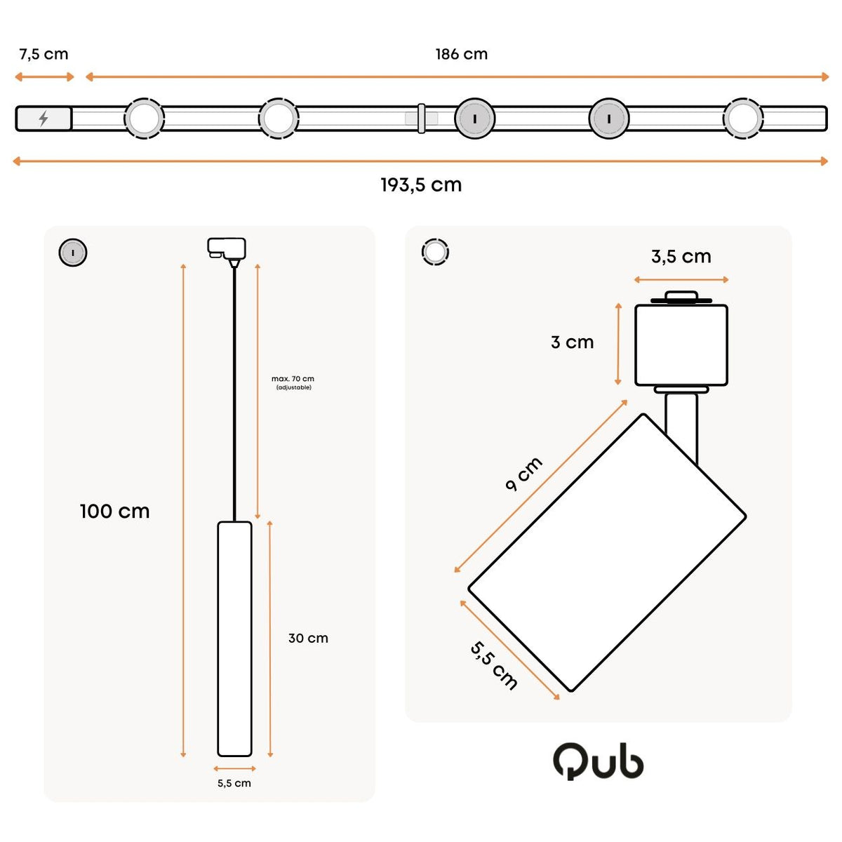Maatdiagram van zwarte railverlichting met afmetingen voor spots en hanglampen