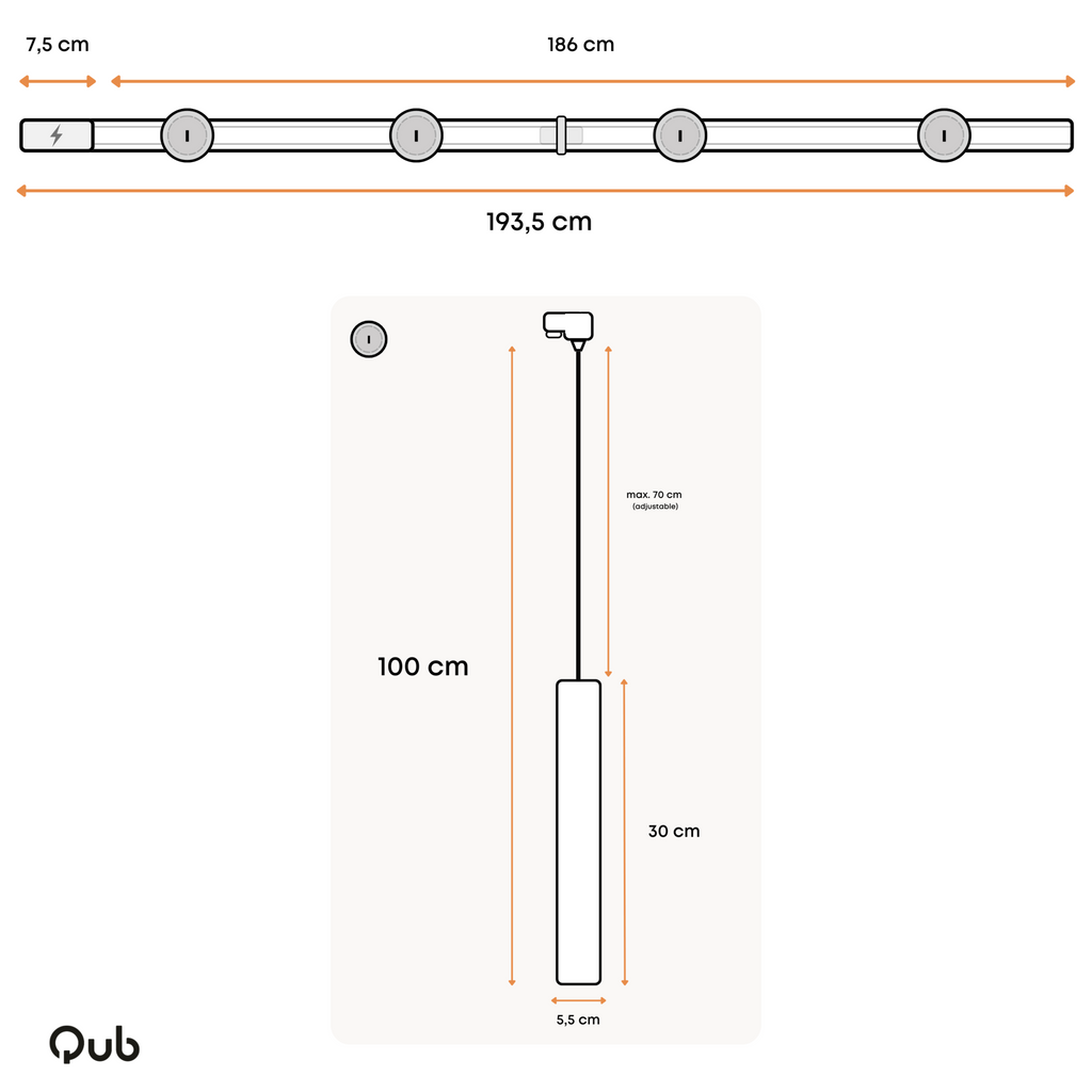 Afmetingen railverlichting: 193,5 cm lang, 4 spots, max. hoogte 70 cm