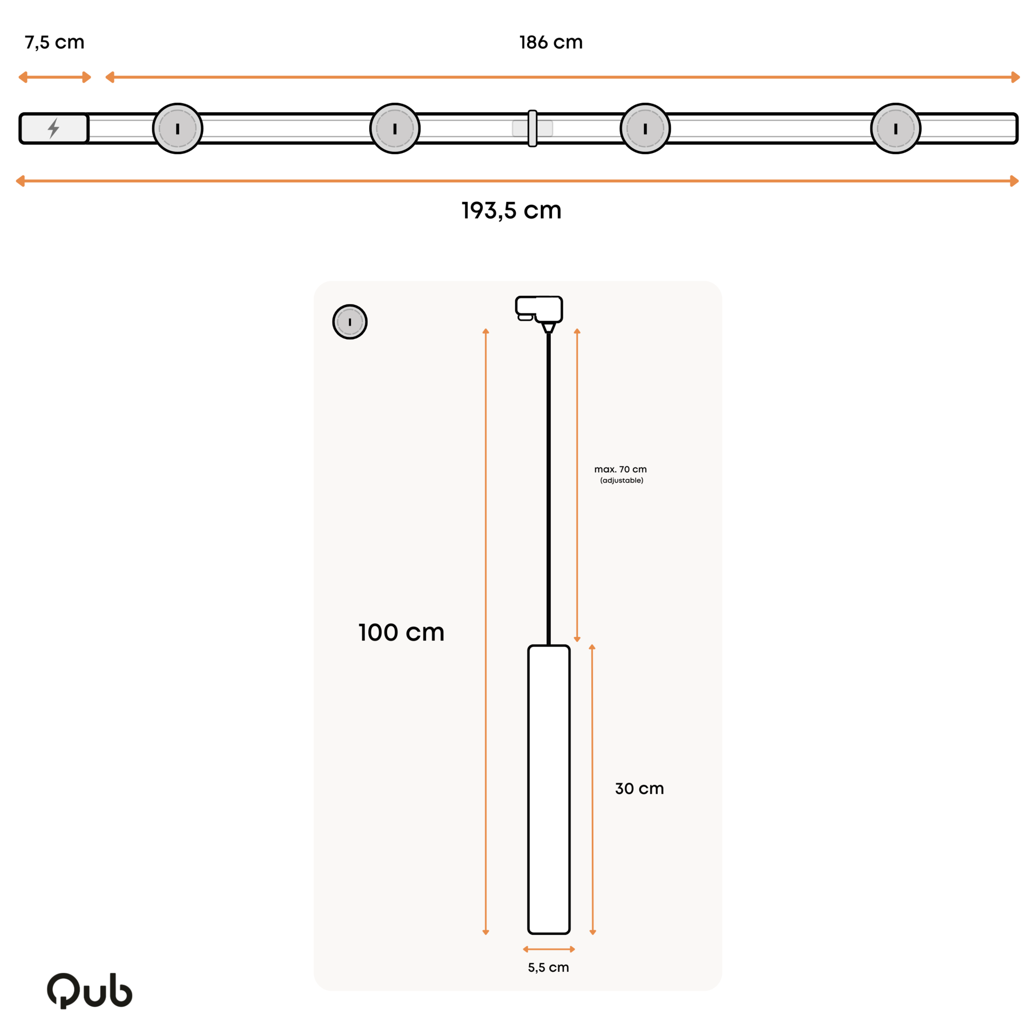 Afmetingen railverlichting: 193,5 cm lang, 4 spots, max. hoogte 70 cm