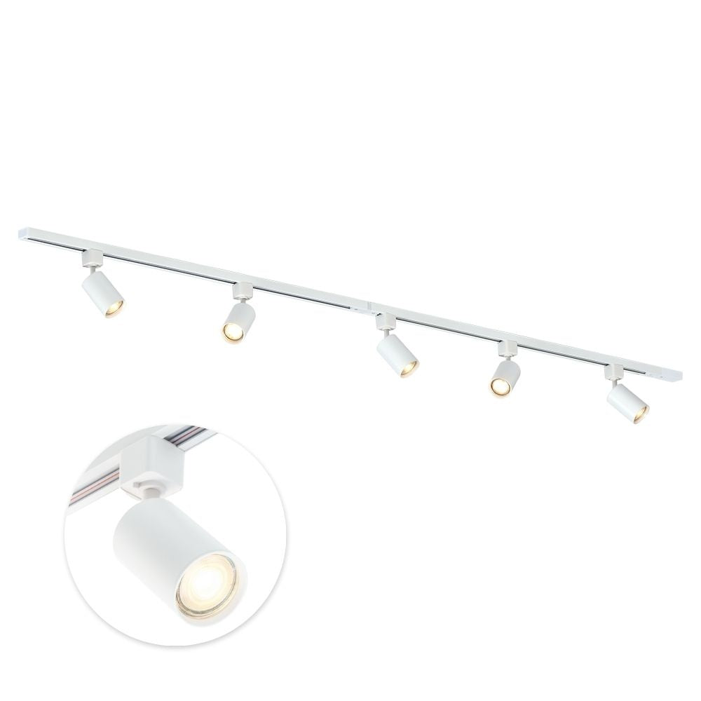 Witte railverlichting met 5 GU10 spots en draaibare spotkoppen, 200 cm lang