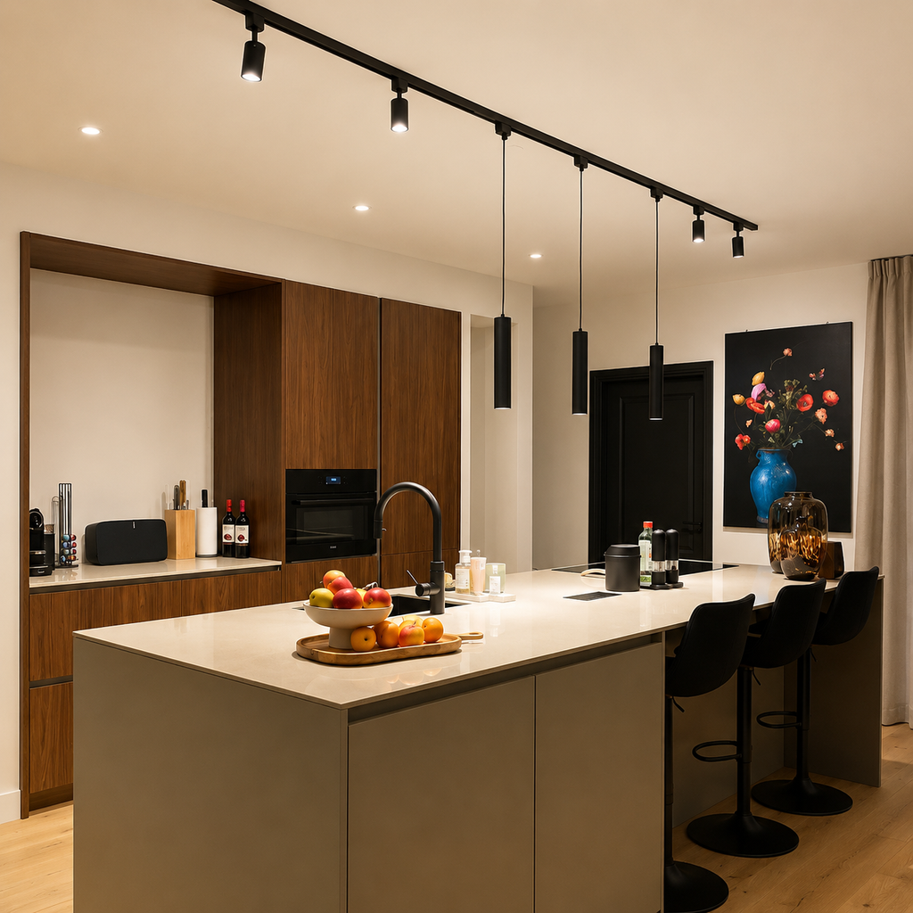 Zwarte railhanglamp met meerdere hangende cilindercaps en spots