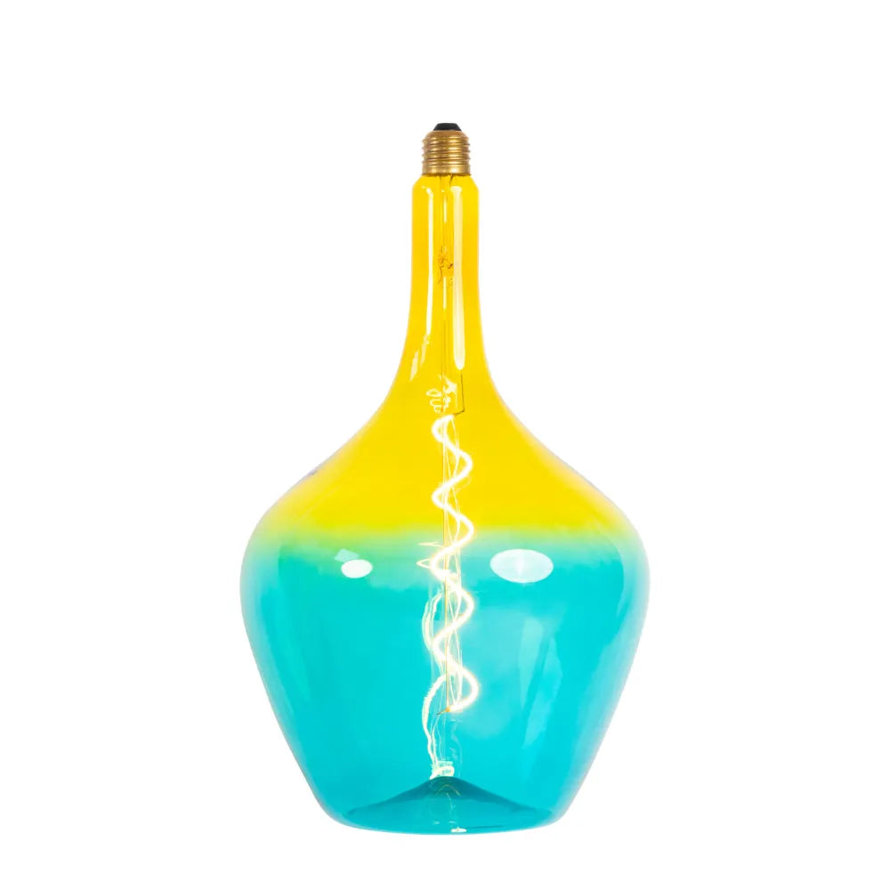 Hanglamp met geel glas en groenblauwe onderzijde met zichtbare gloeidraad