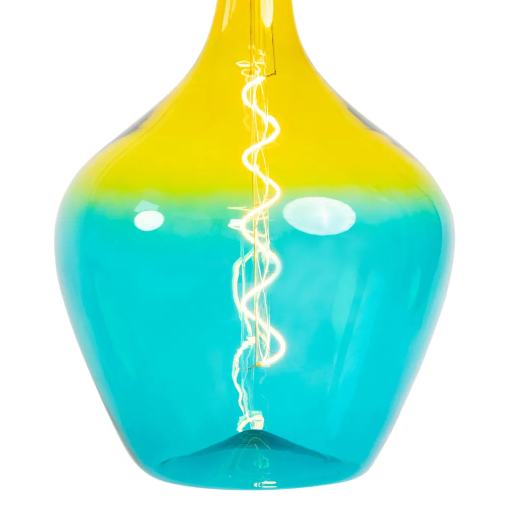 Glazen hanglamp met geel-blauwe tint en zichtbare gloeidraadverlichting