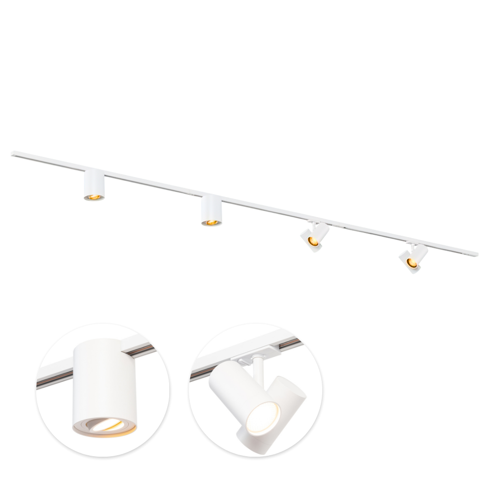 Witte railverlichtingsset met vier GU10 spots op een 3 m rail