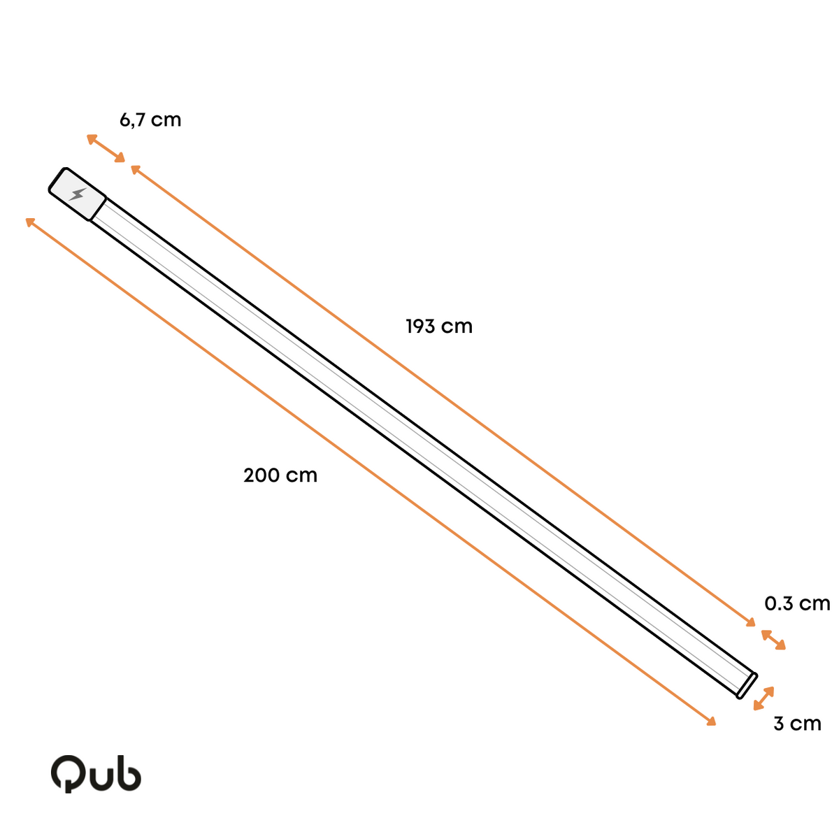 Opbouwspanningsrail met afmetingen: 200 cm lengte, 6,7 cm breedte, 3 cm hoogte