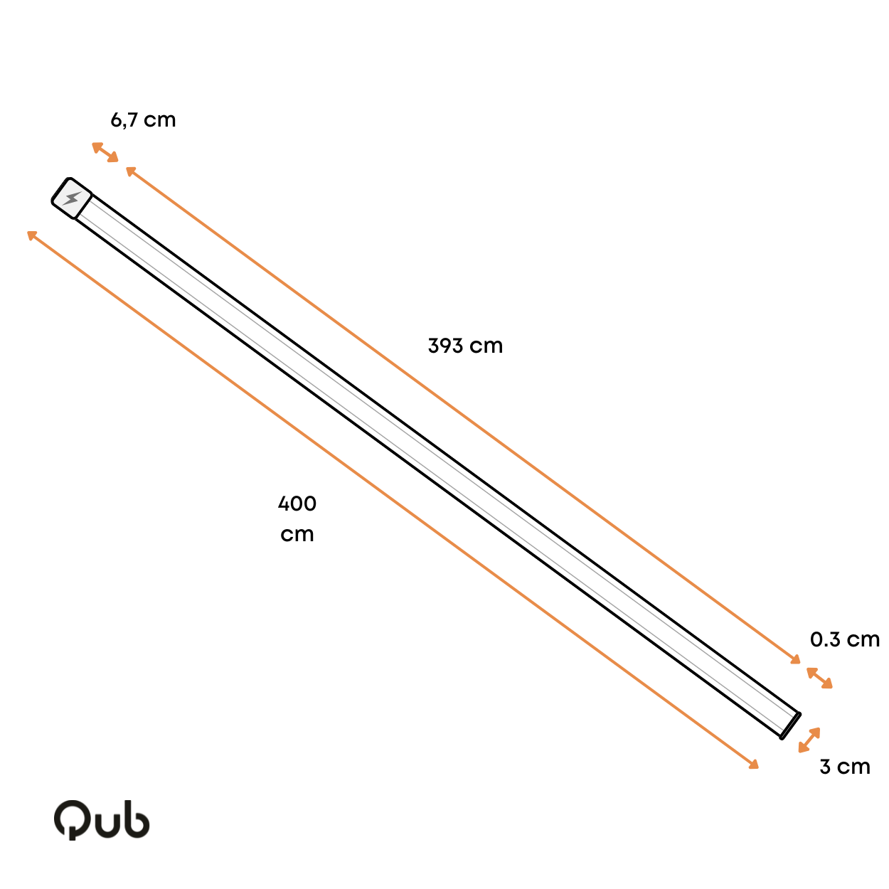 Schematische afmetingen: 4 m opbouw 3-fase rail, 6,7×4×0,3 cm