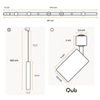Technische tekening van witte railverlichting met afmetingen en spotposities