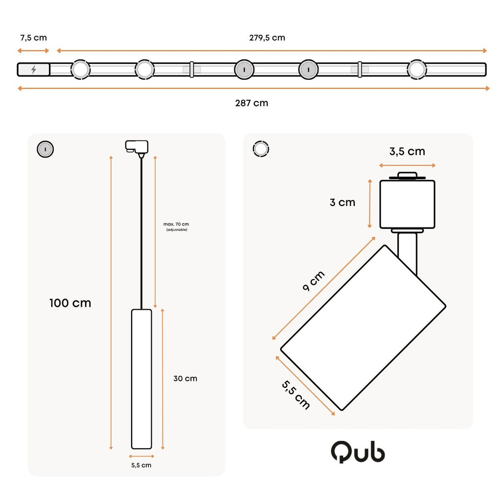 Technische tekening: afmetingen van zwarte rail en hangcilinders voor spotverlichting.