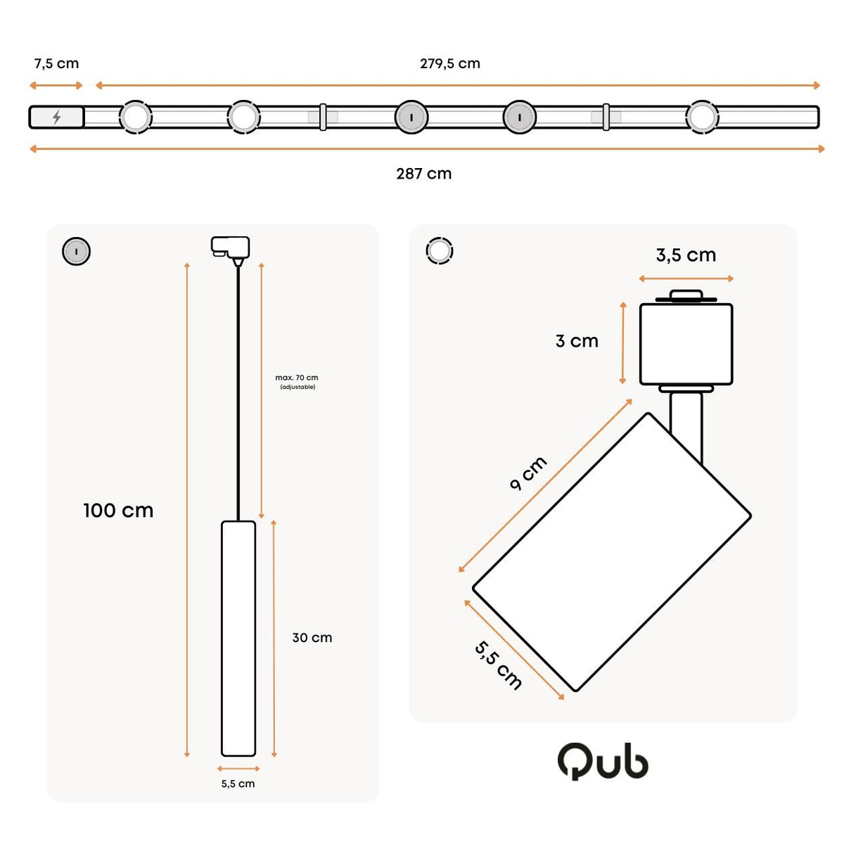Technische tekening: afmetingen van zwarte rail en hangcilinders voor spotverlichting.