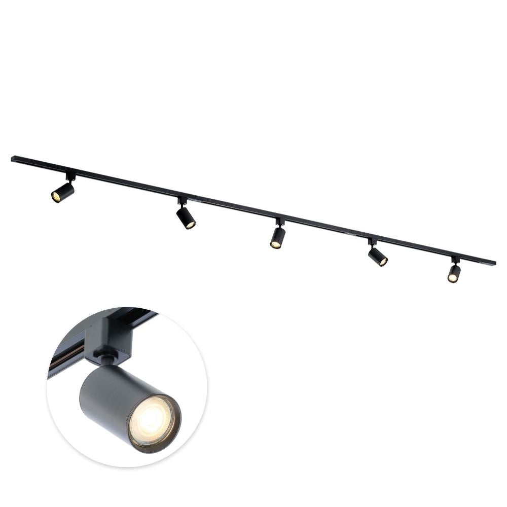 Zwarte 300 cm rail met 5 verstelbare GU10 spotkoppen.