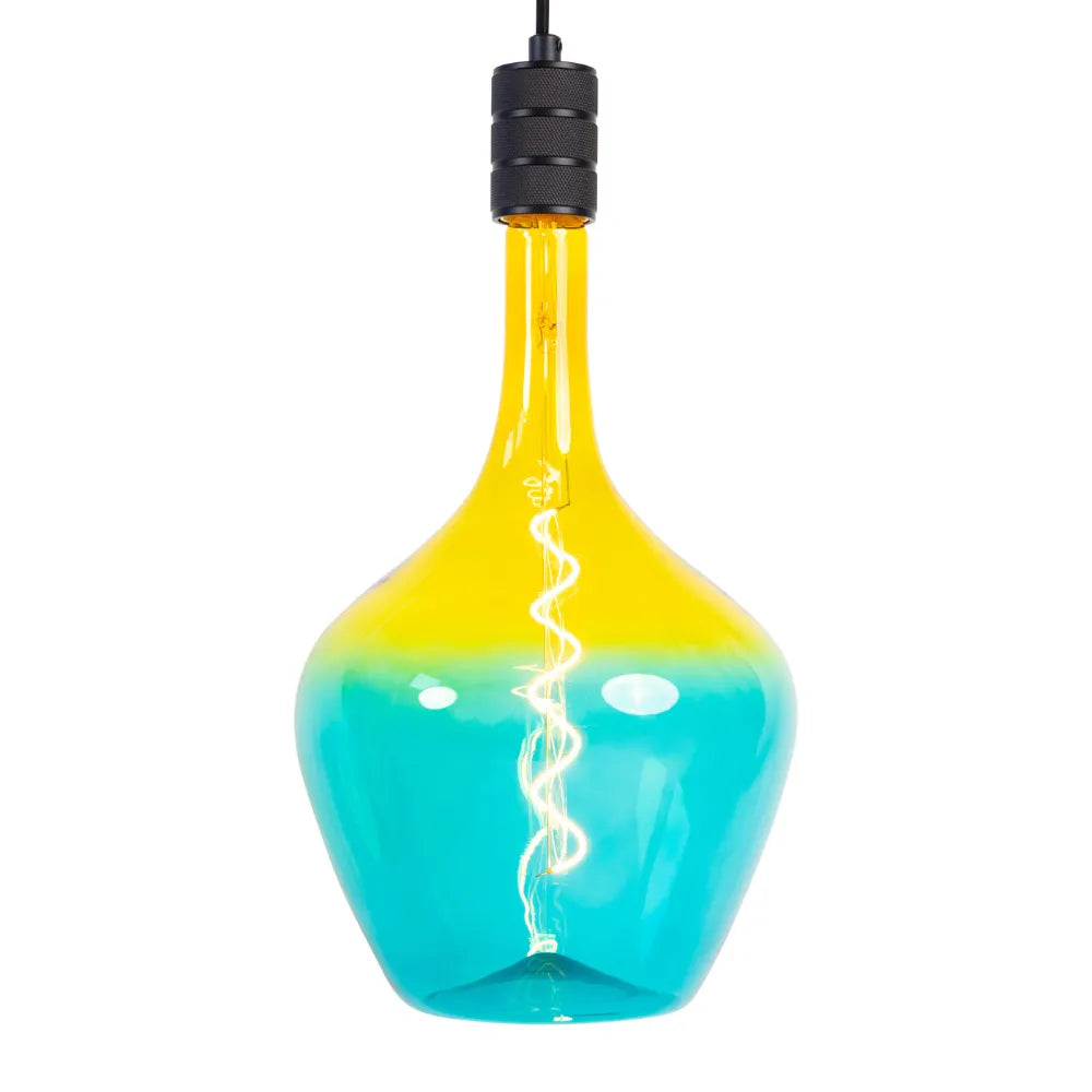 Geleide hanglamp met groenblauw glas en zwarte fitting bovenaan