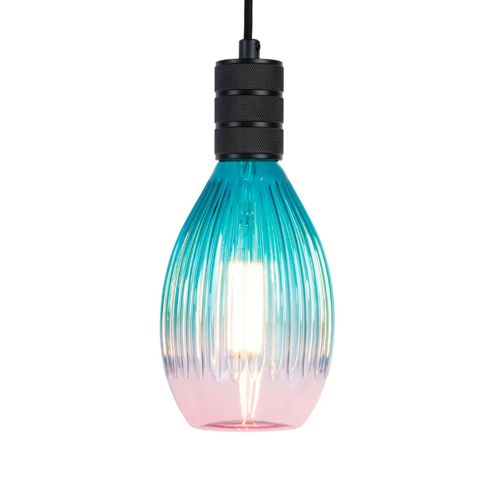 Glazen hanglamp druppelvormig blauw-roze glas met zwarte fittingkap, E27