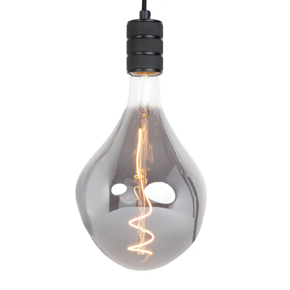Hanglamp met druppelvormige rookgrijze glazen bol en zwarte fitting bovenaan