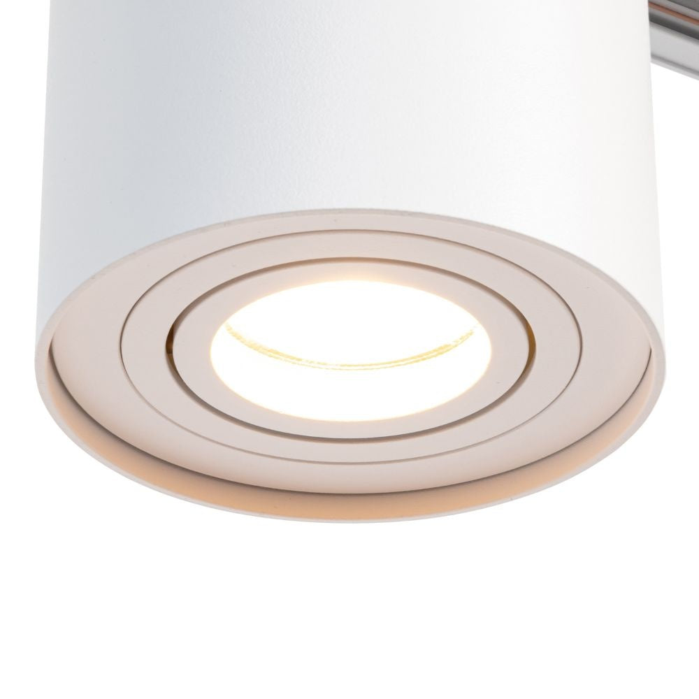 Witte GU10 railspot met ronde lensring en zichtbare lampvoet