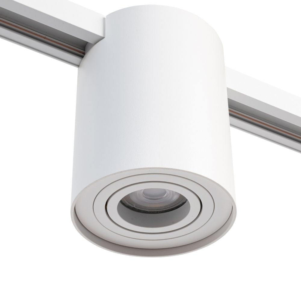 Witte GU10 railspot met ingebouwde lens en centrale reflectoropening