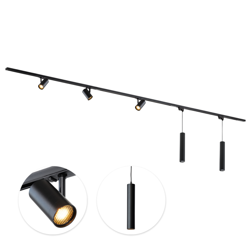 Zwarte railverlichting met 3 mesh spots en 2 hanglampen, op rail, GU10