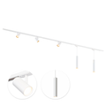 Witte railverlichting met drie cilindrische spots en twee hanglampen GU10