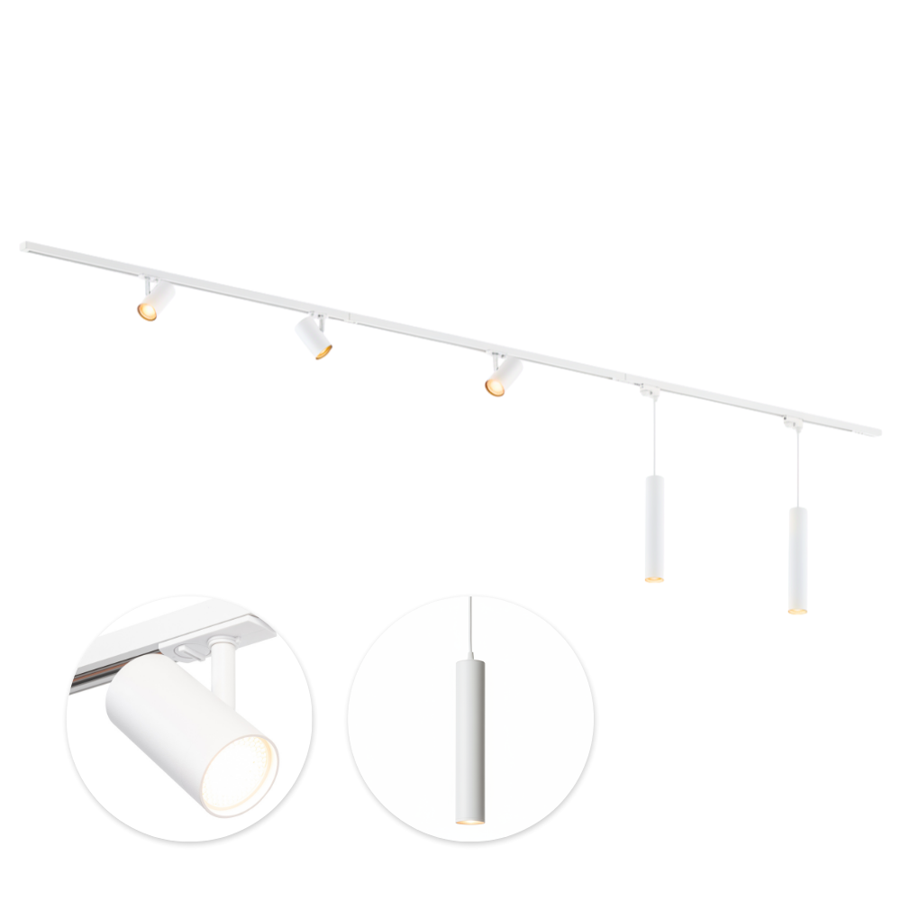 Witte railverlichting met drie cilindrische spots en twee hanglampen GU10