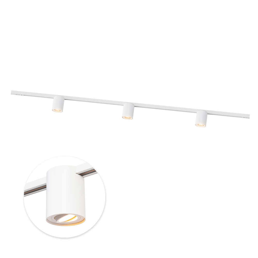 Witte railverlichting set met drie kantelbare GU10 spots op een 300 cm rail