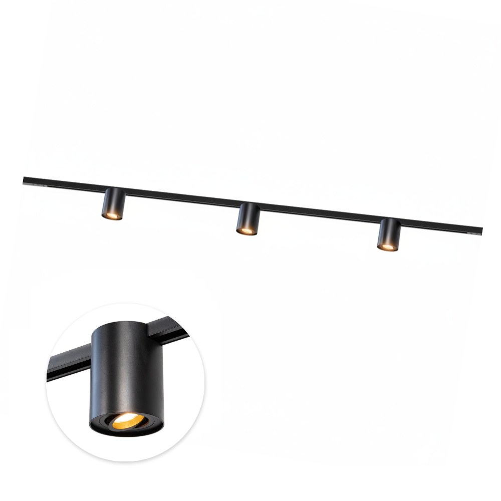 Zwarte railverlichting met drie GU10 Orbit-spots, drie cilindrische armaturen op rail
