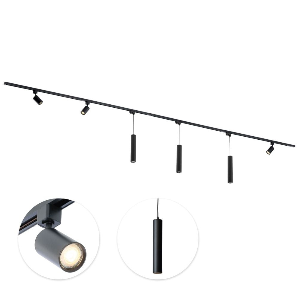Zwarte railspotlamp met drie hangende cilinder spots en GU10