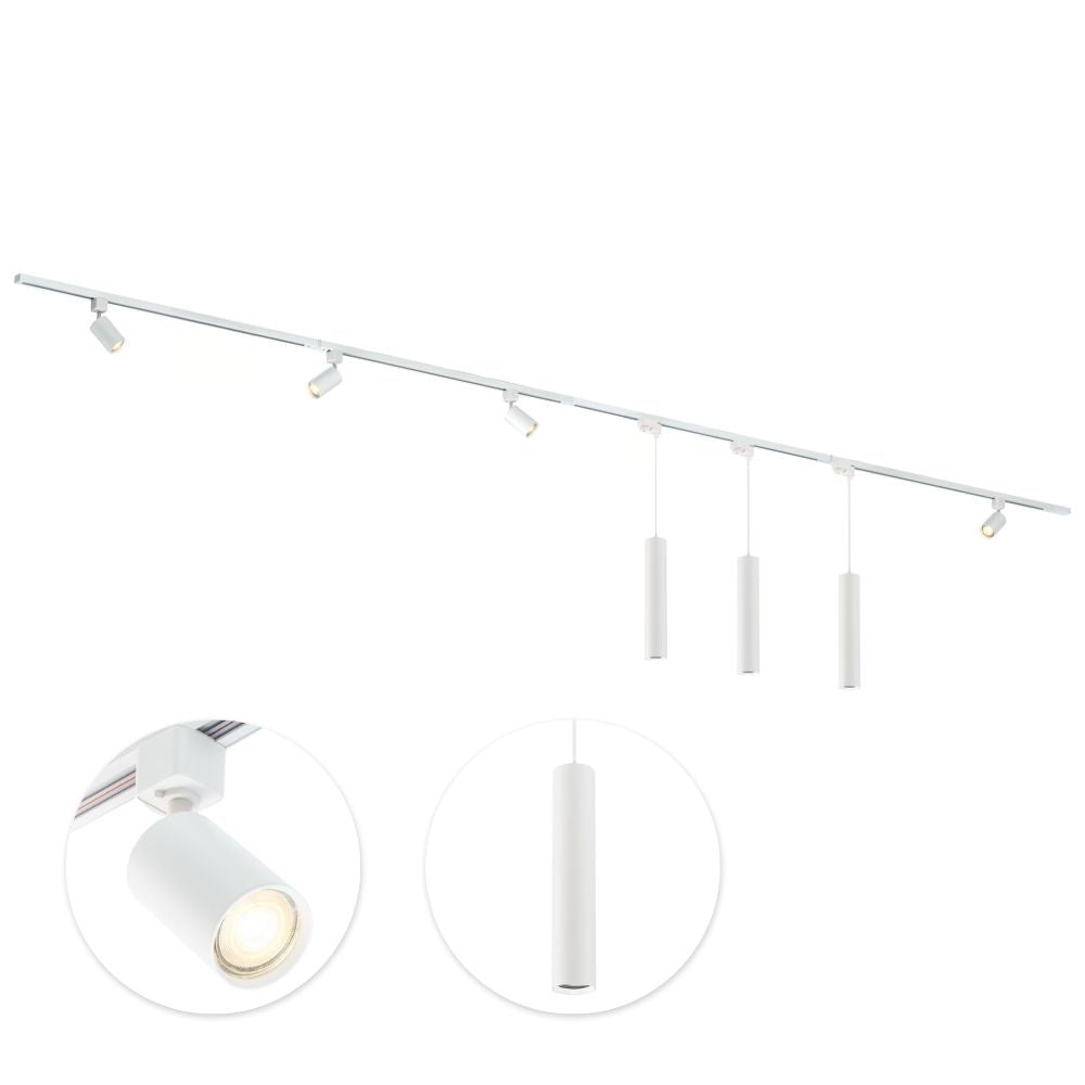 Witte railverlichting met 4 spots en 3 hanglampen aan een plafondrail