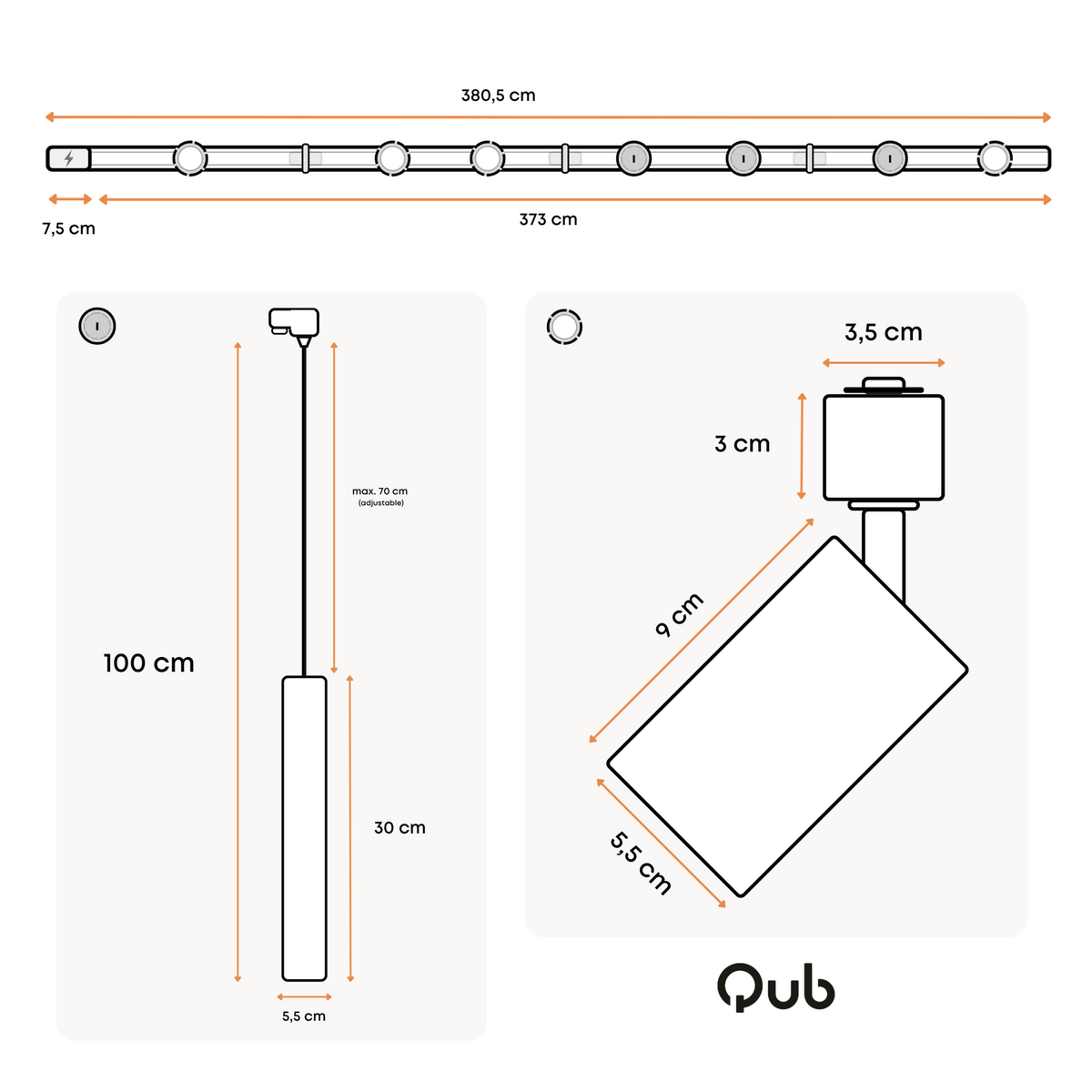 Afmetingen railverlichting: 380,5 cm lengte en 100 cm hanglengte