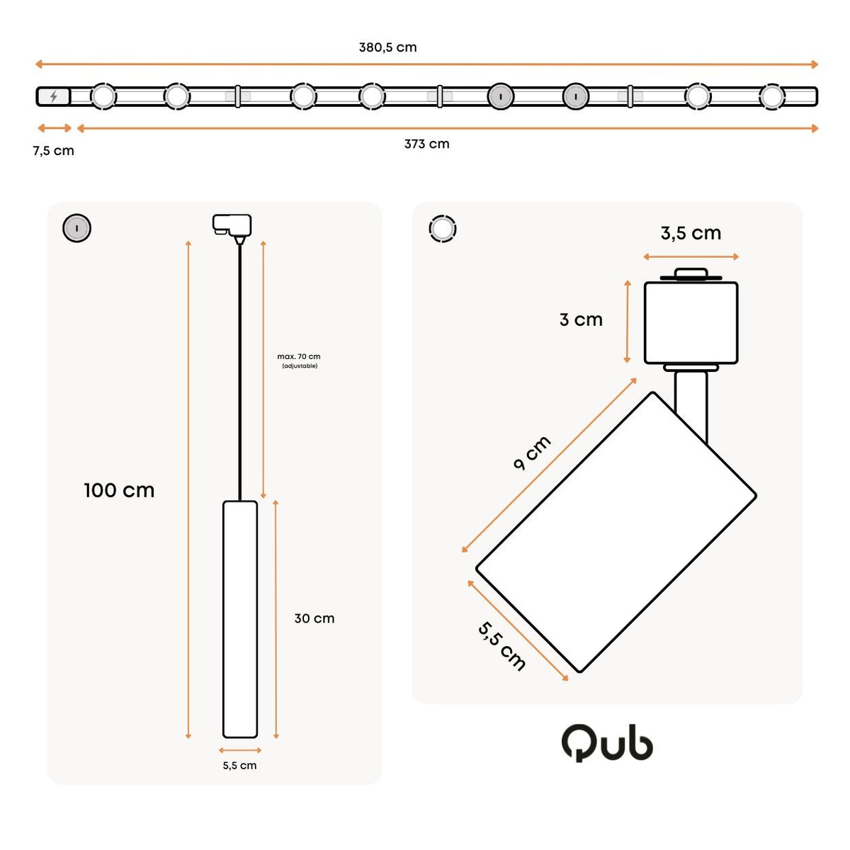 Technische tekening: Qub rail 400 cm met montageafmetingen voor spots.