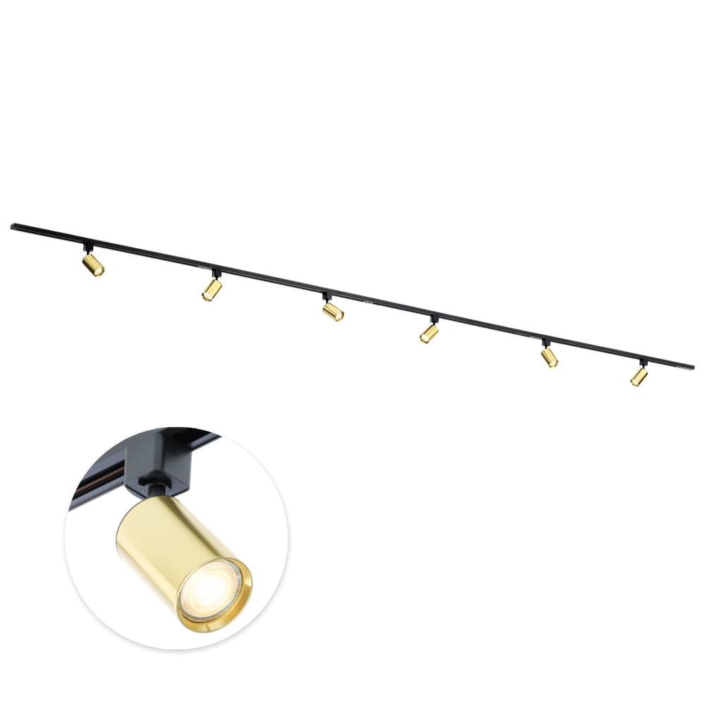 Zwarte plafondrail met 6 GU10-spots en goudkleurige armaturen