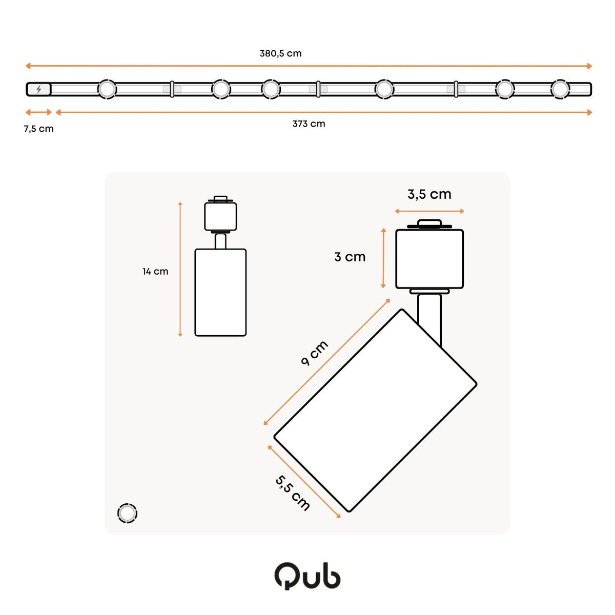 Afmetingsdiagram van plafondrailspot: lengte 380,5 cm en montagematen