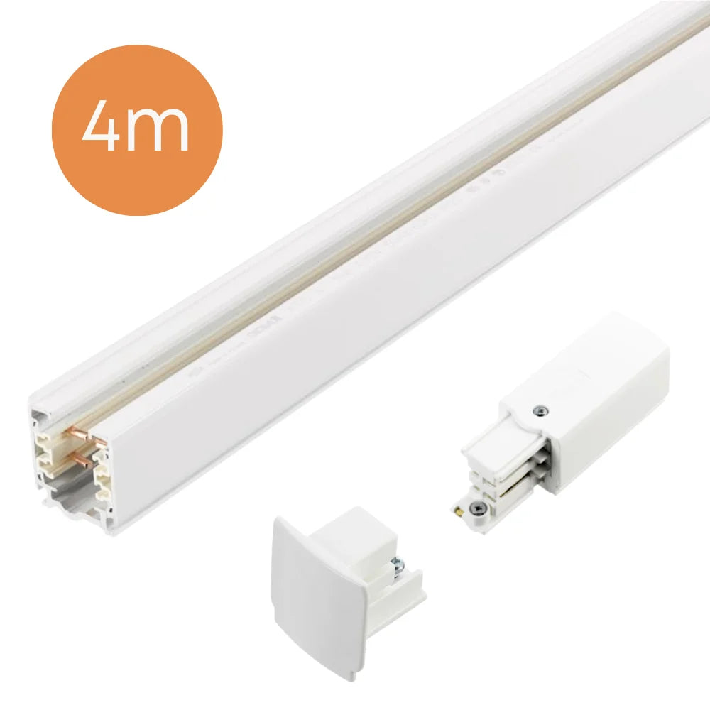 Witte opbouw 3-fase spanningsrail 4 m met eindvoeding en eindkap