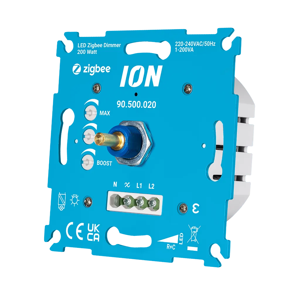 ION Zigbee-dimmer 200 W blauw front met zijkant en aansluitklemmen