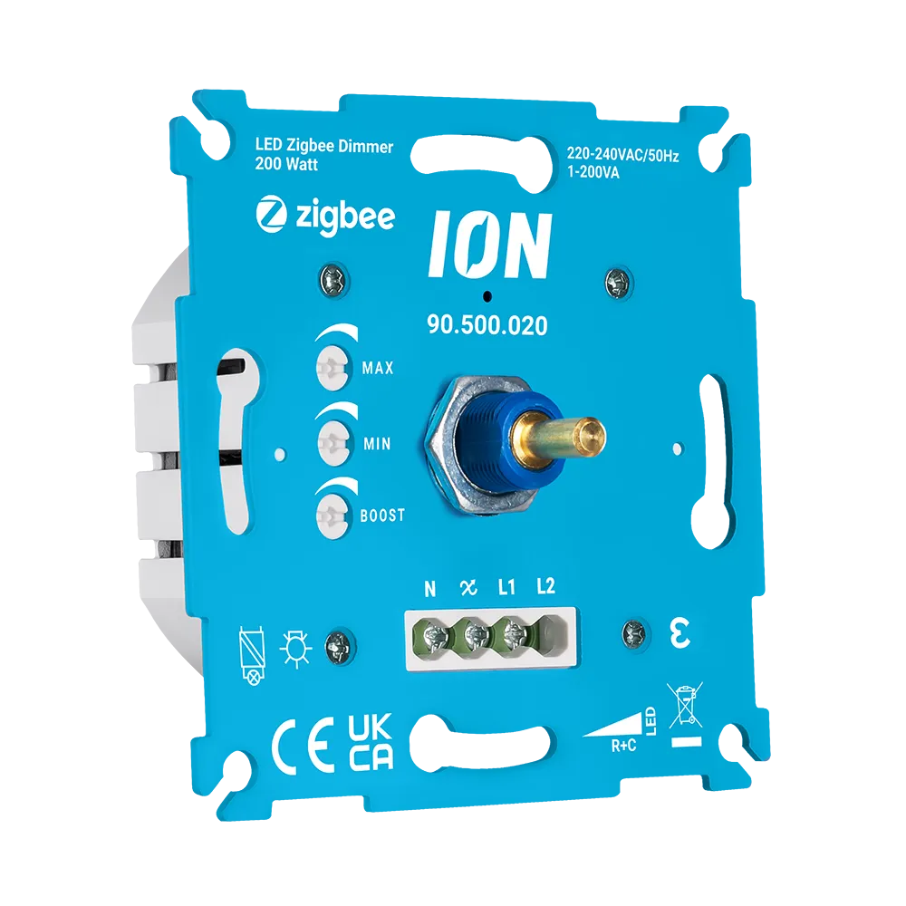 ION Zigbee-dimmer 200 W: blauwe behuizing met draaiknop en schroefklemmen
