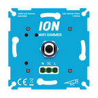 ION wifi-dimmer met centrale knop en drie aansluitklemmen op blauw paneel