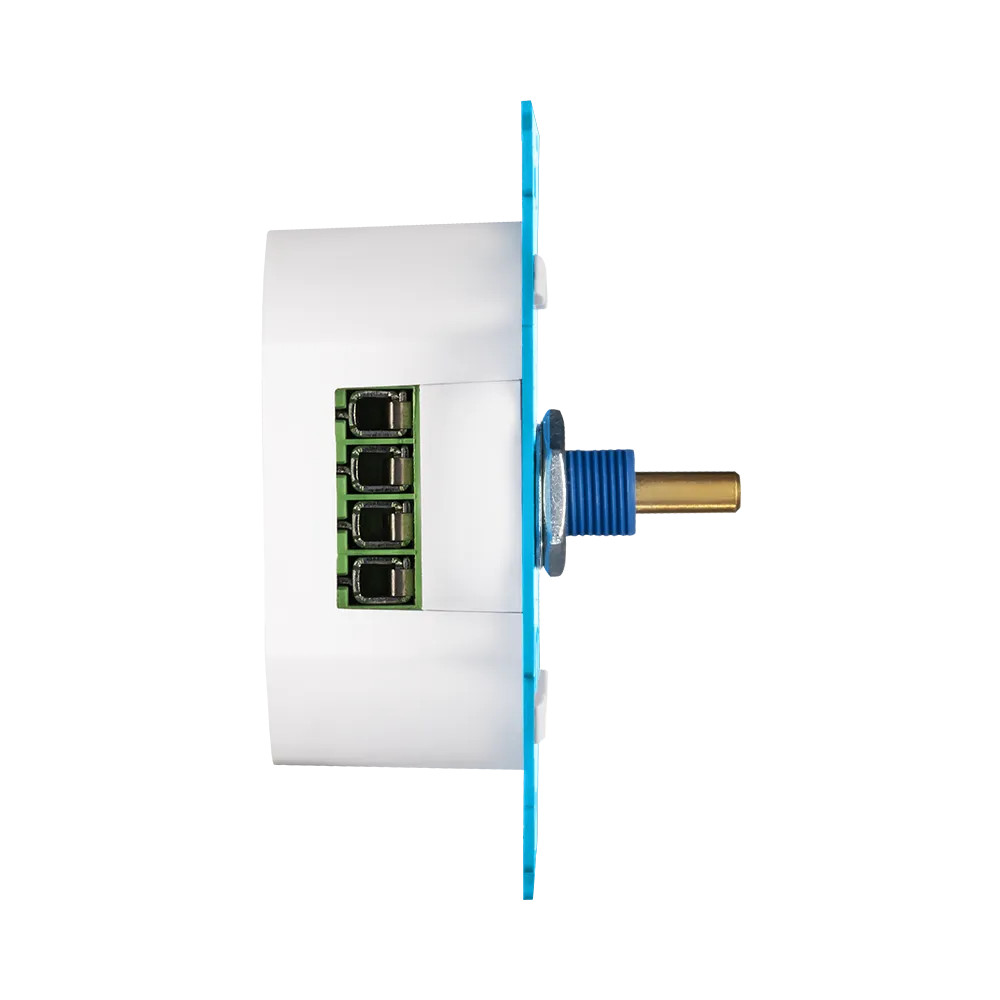 Zijaanzicht van ION led-dimmer met witte behuizing en groen aansluitblok