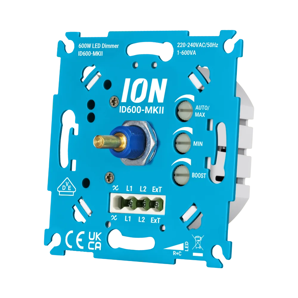 Blauwe ION led-dimmer met goudkleurige schroefklem en draaiknop MIN/BOOST