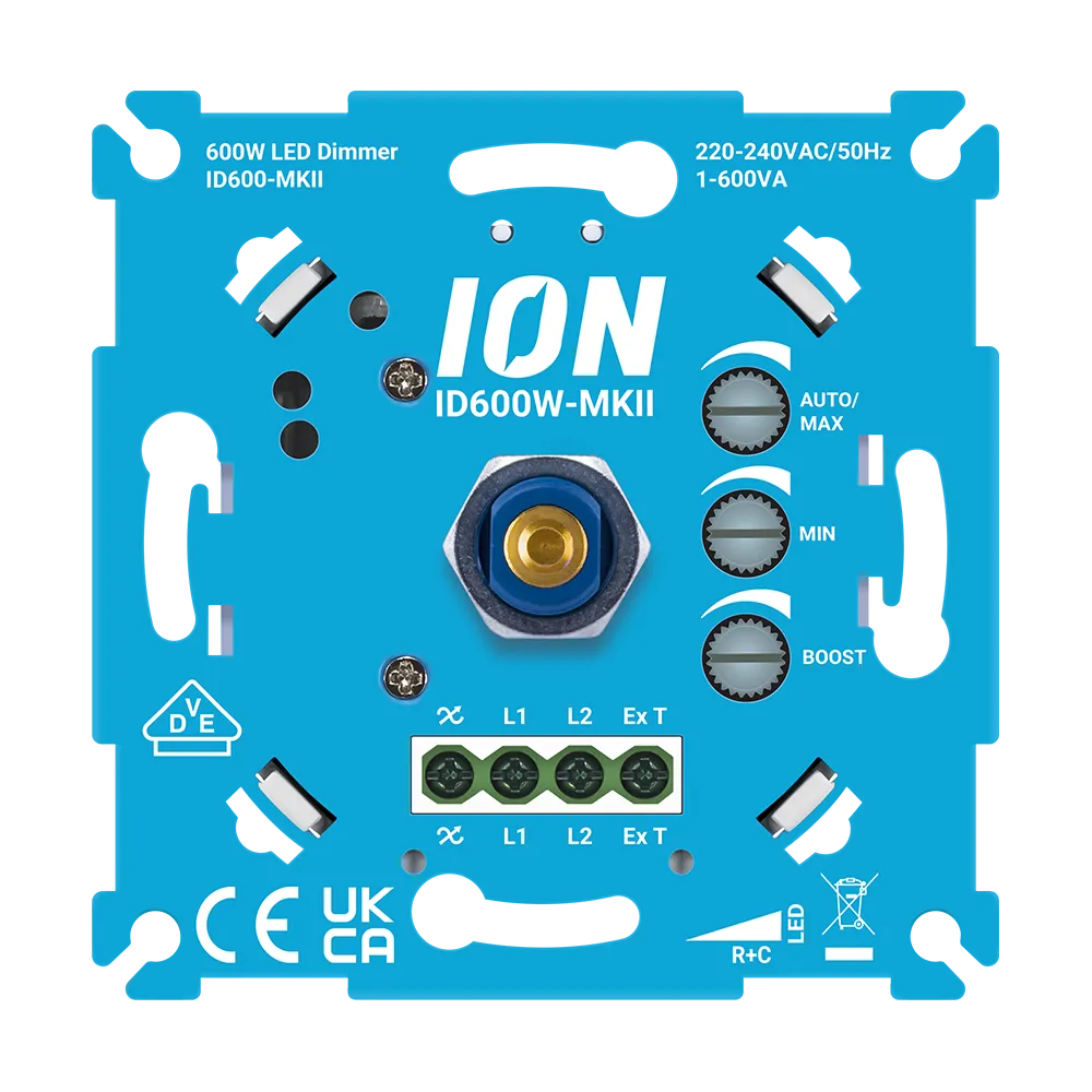 Blauwe ION led-dimmer met draaiknoppen AUTO/MAX/MIN en aansluitingen