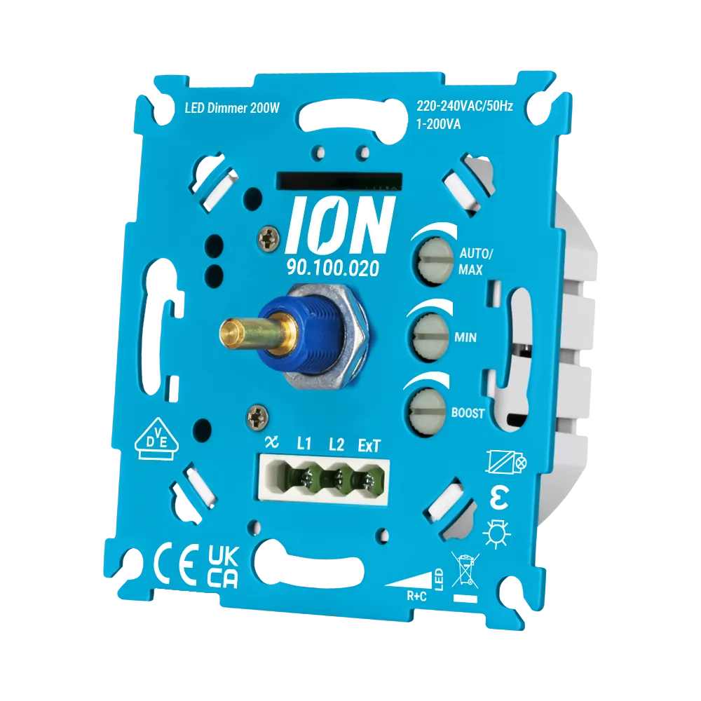 Blauwe LED-dimmermodule met gouden aansluitpen en instelknoppen