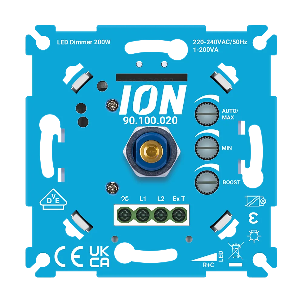 Blauwe LED-dimmermodule met AUTO/MAX/MIN/BOOST regelknoppen en klemmenstrook