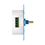 LED-dimmer met witte behuizing en blauwe montageplaat, met gouden aansluitpen