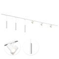 Witte railverlichting met 3 spots en 3 hanglampen aan een lange rail