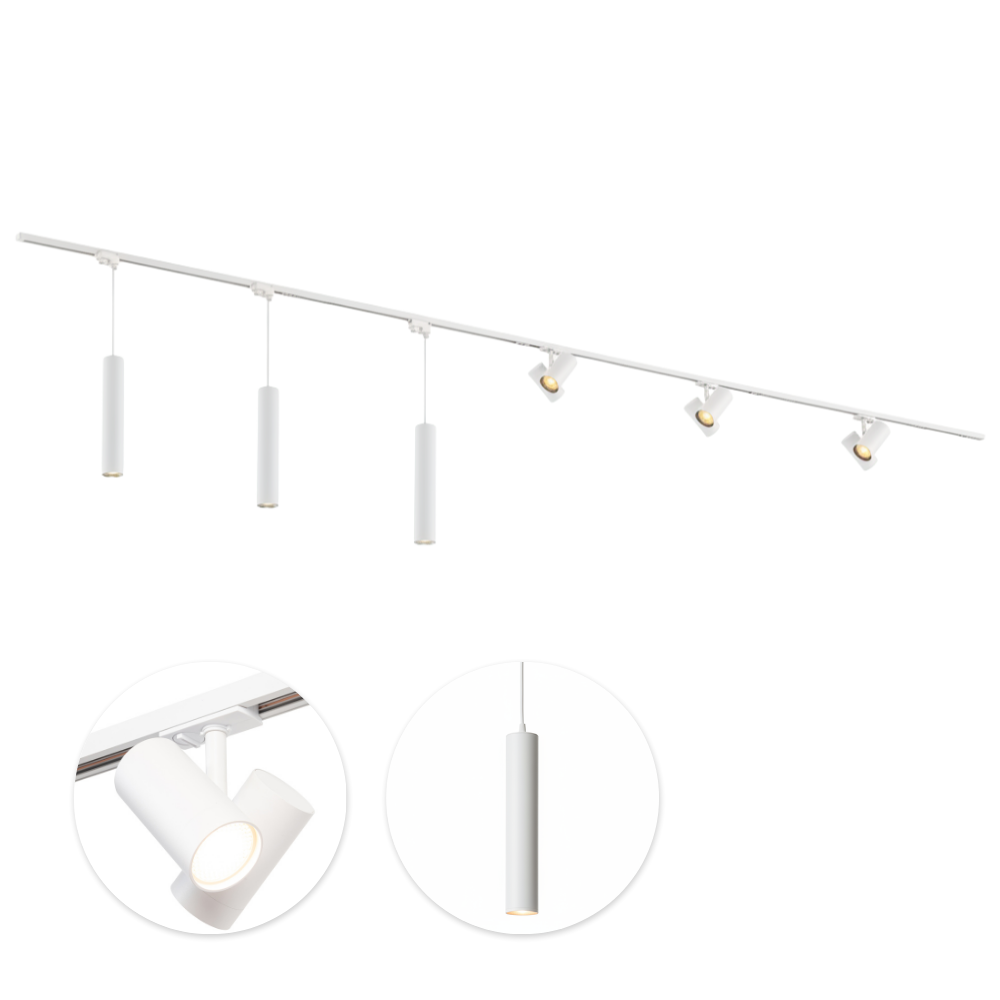 Witte railverlichting met 3 spots en 3 hanglampen aan een lange rail